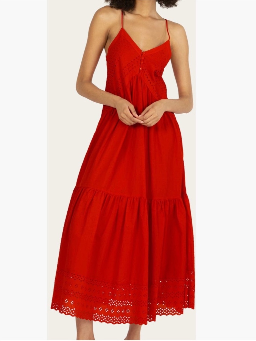 Super Natural BY Secret Mission Daniella Eyelet Maxi Dress w Thin Straps Red NWT